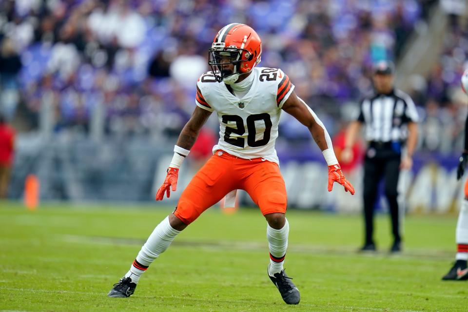 Cleveland Browns cornerback Greg Newsome II (20) is shown in action against the Baltimore Ravens in the second half of an NFL football game, Sunday, Oct. 23, 2022, in Baltimore. (AP Photo/Julio Cortez)