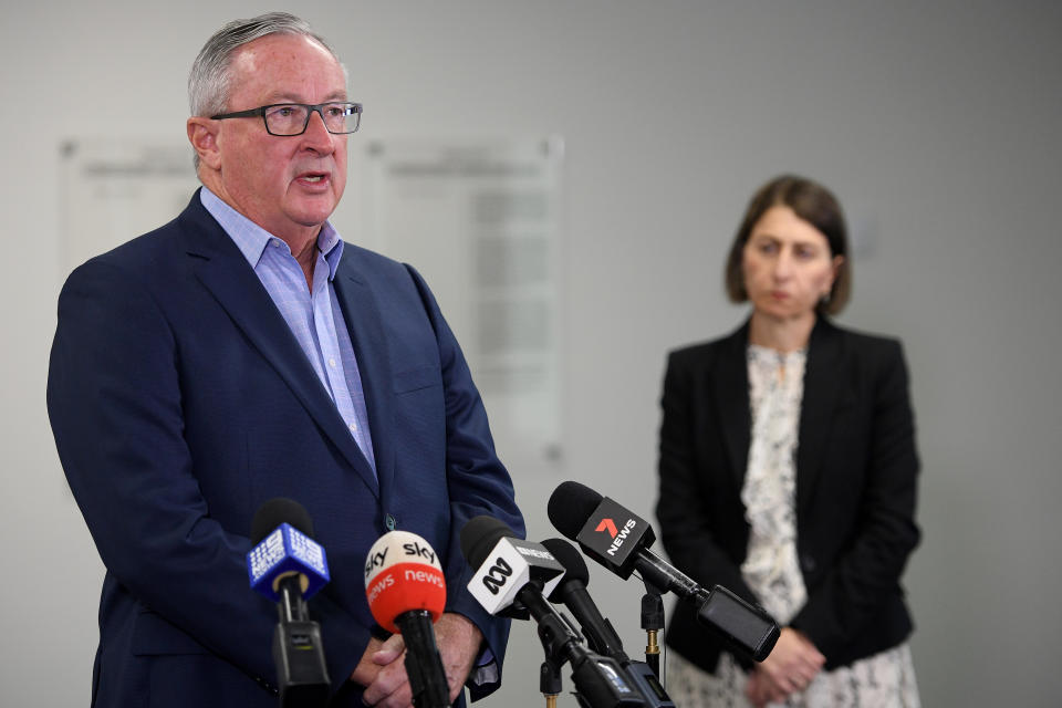 SYDNEY, AUSTRALIA - DECEMBER 19: NSW Health Minister Brad Hazzard and Premier Gladys Berejiklian provide a COVID-19 update at RFS Headquarters on December 19, 2020 in Sydney, Australia. A cluster of COVID-19 cases on the northern beaches of Sydney continues to grow causing other Australian states and territories to impose restrictions on travel ahead of the Christmas holidays. (Photo by Dan Himbrechts - Pool/Getty Images)