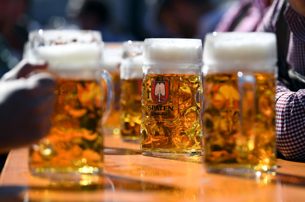 The pints of beer are pictured at the opening day of the 186th Oktoberfest in Munich, Germany September 21, 2019. REUTERS/Andreas Gebert