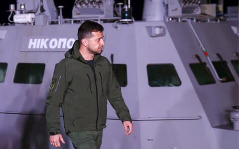 Mr Zelenskiy inspects the artillery boat Nikopol - Credit: Arkhip Vereshchagin/TASS