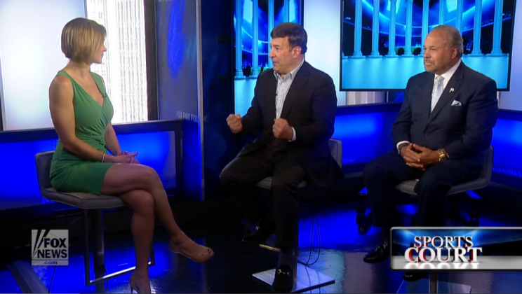 Host Tamara Holder, Mark Simone, center, and Bo Dietl, right, discuss why elite female athletes should wear makeup competing in the Olympics. (Photo: Screenshot)