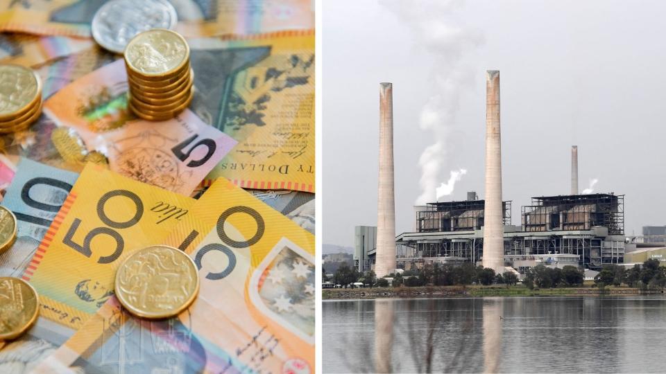 Money and coal-fired power station.