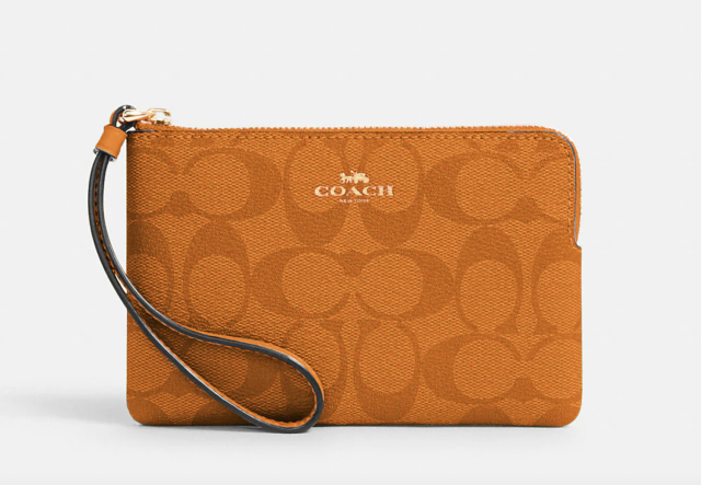 Coach Outlet Double Corner Zip Wristlet In Blocked Signature Canvas in Brown