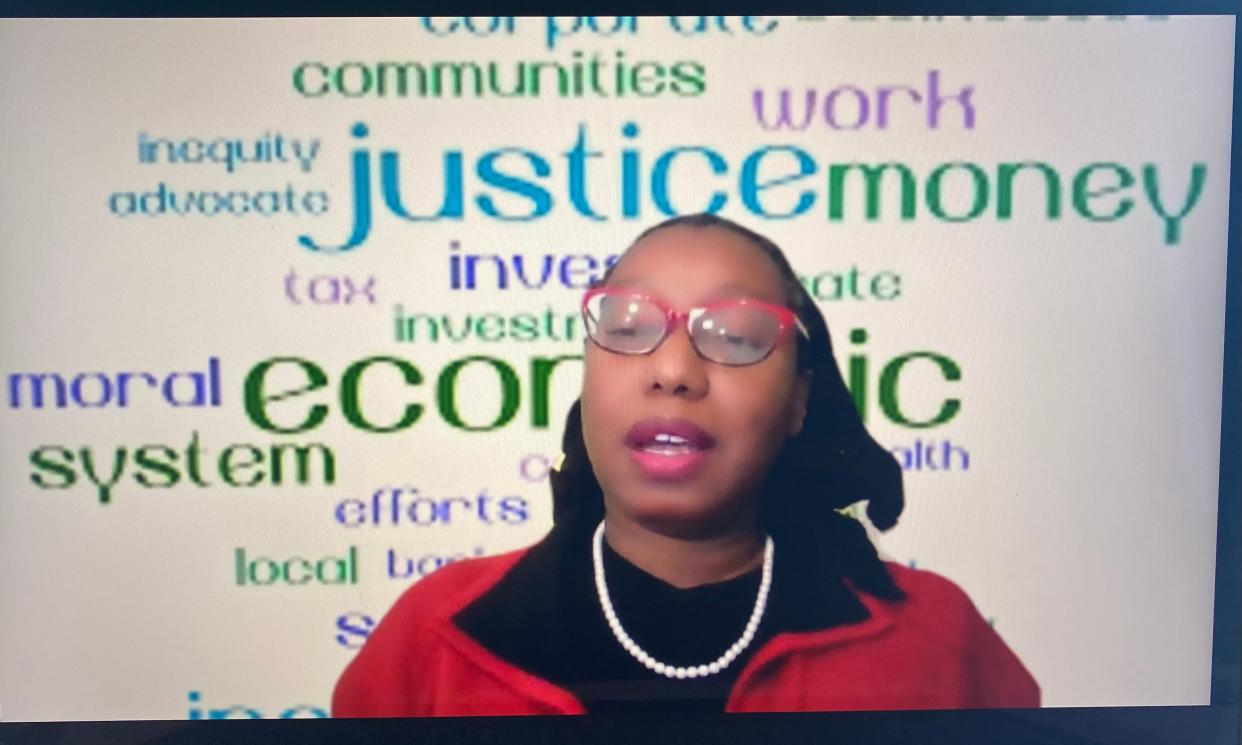 Sekinah Hamlin, minister of economic justice for the United Church of Christ, speaks at a news conference Jan. 10 about the denomination's efforts to help people struggling with medical debt.