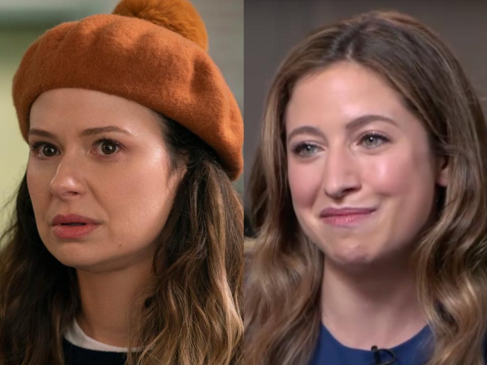 Katie Lowes plays Rachel (left) in ‘Inventing Anna’; Rachel DeLoache Williams gives an interview (right) (Netflix / YouTube / ABC News)