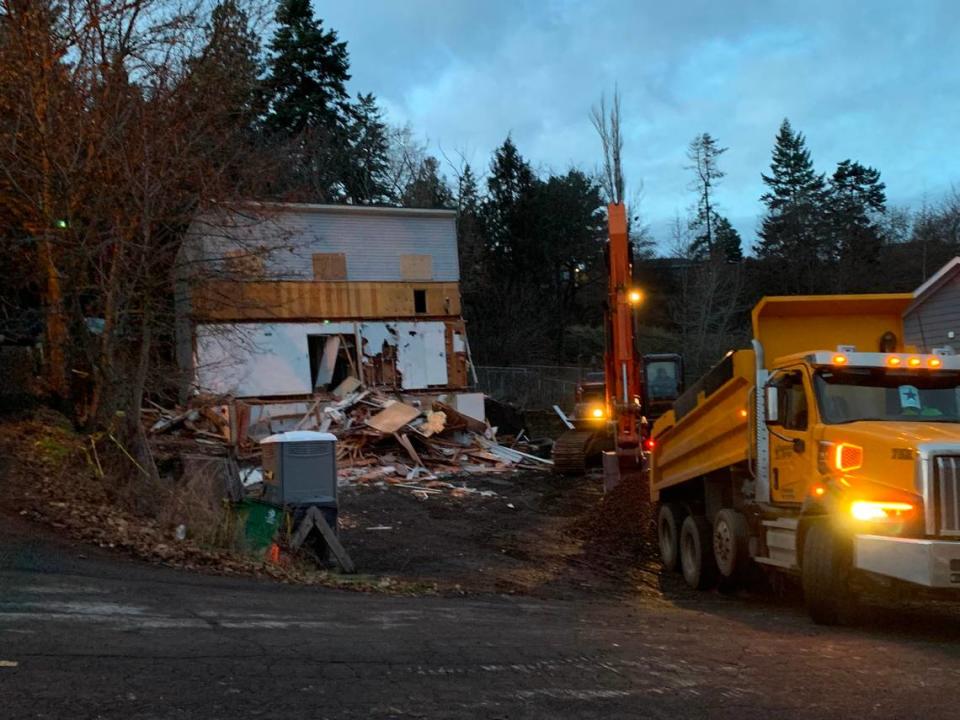 The off-campus home on King Road where four University of Idaho students were killed in November 2022 was demolished early Thursday morning, Dec. 28, 2023.