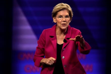 Democratic 2020 U.S. presidential candidate Senator Elizabeth Warren (D-MA) gestures during a televised townhall on CNN dedicated to LGBTQ issues in Los Angeles, California