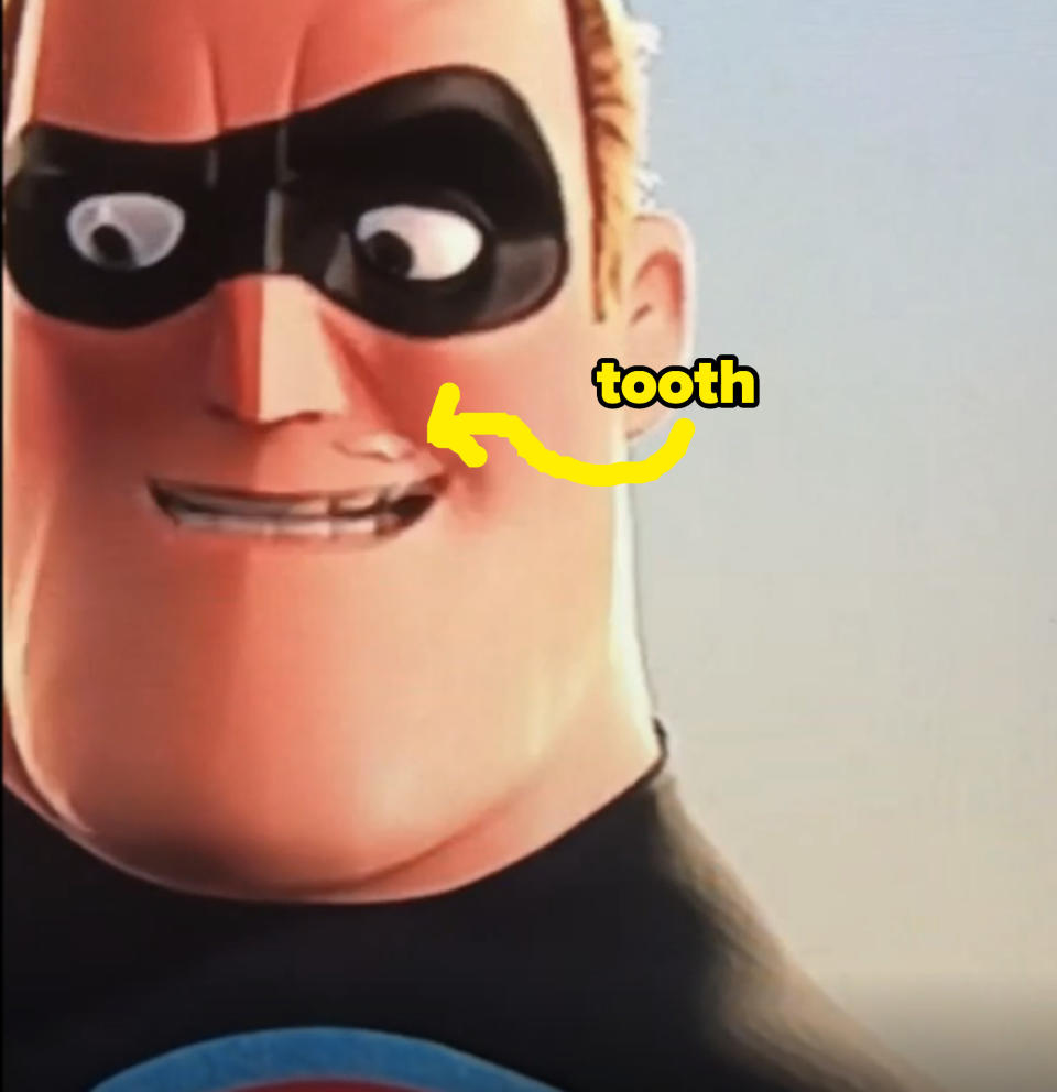 The animation features a split second where a character's tooth can be seen on the wrong side of his lip, as if it's cutting through his skin