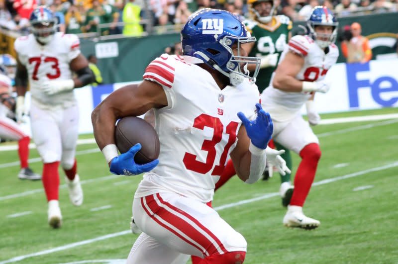 New York Giants running back Matt Breida (pictured) could be plugged in as an RB2 if Saquon Barkley misses time. File Photo by Hugo Philpott/UPI