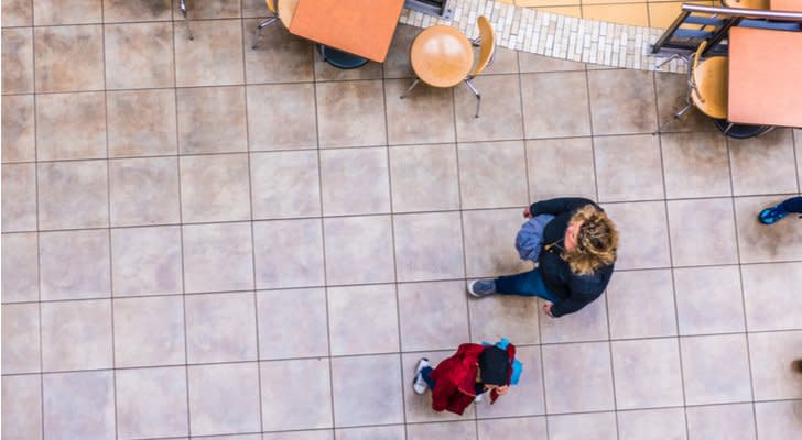 an overhead image of two people walking on a street