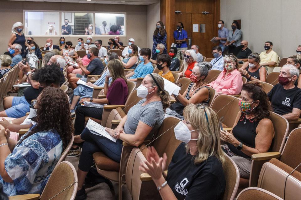Dozens of residents filled public seating in the chambers beyond capacity at the city commission meeting at Delray Beach City Hall on Tuesday, August 17, 2021. Residents spoke about the city's recent decision to terminate the lease agreement with Old School Square Center for The Arts.