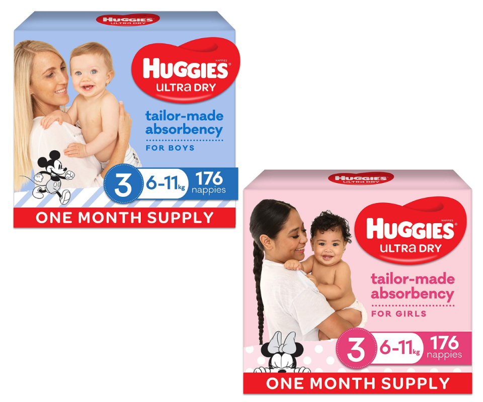 Blue boys Huggies nappy box on the top right, with a pink girls Huggies nappy box on the bottom right against a white background.