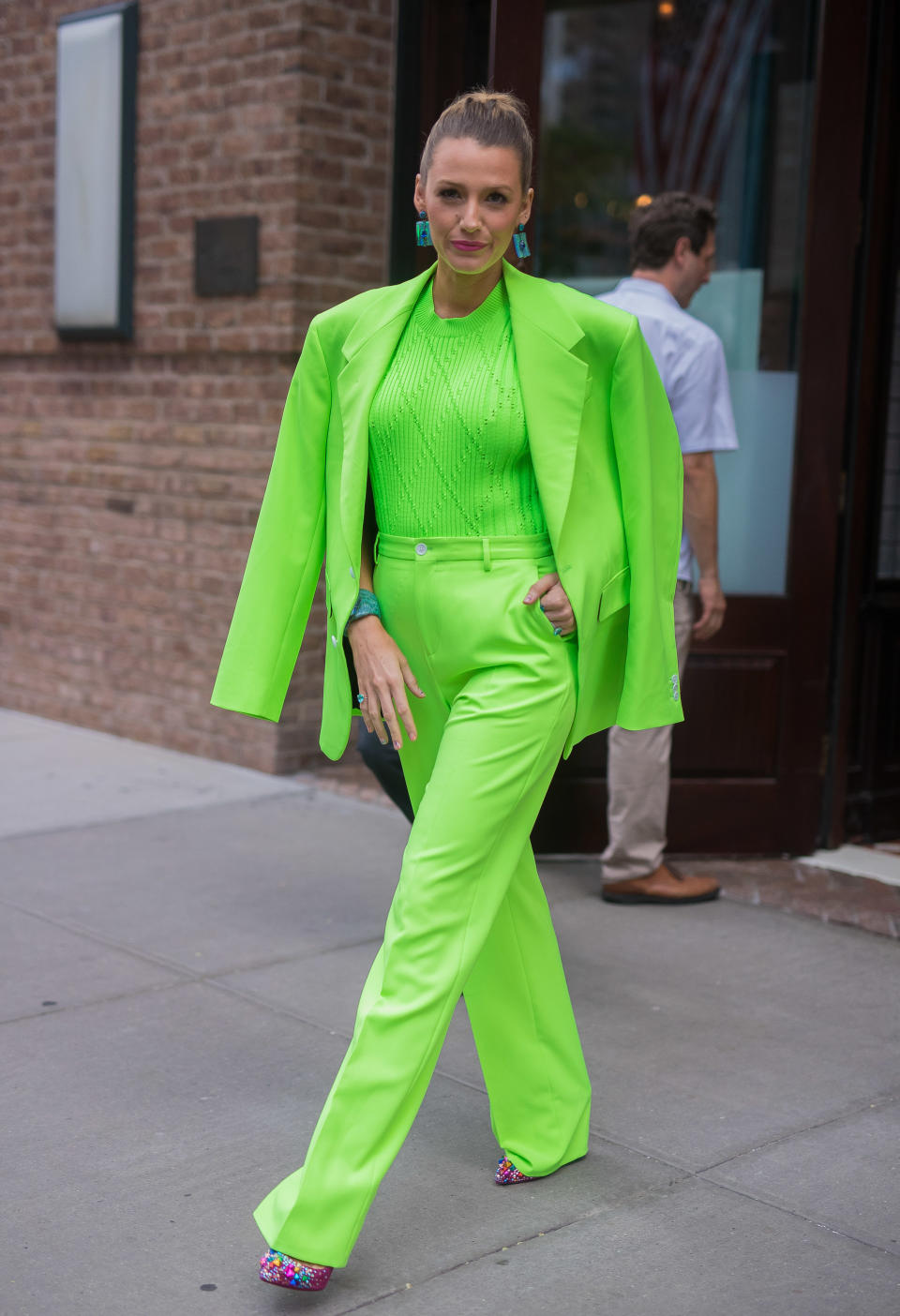 Lively wore this ensemble, which first appeared on the Versace spring 2019 menswear runway, in New York on Aug. 17.