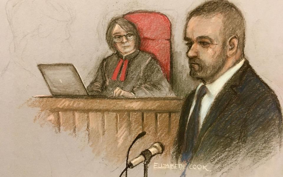Court artist sketch by Elizabeth Cook of Wayne Rooney giving evidence at the Royal Courts Of Justice, London, as the high-profile libel battle between Rebekah Vardy and Coleen Rooney continues - Elizabeth Cook/PA Wire