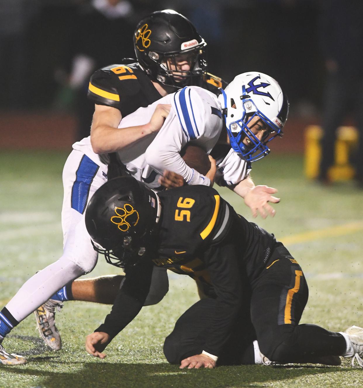 Carson Joint (56) has spent most of his HF-L football career as a lineman but that changed on Thursday against Wayland-Cohocton/Dansvile.