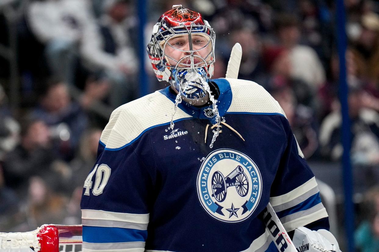 Nov 20, 2022; Columbus, Ohio, United States;  Columbus Blue Jackets goaltender Daniil Tarasov (40) spits out water after the Florida Panthers made their second goal of the game during the second period of the NHL hockey game at Nationwide Arena. Mandatory Credit: Joseph Scheller-The Columbus Dispatch