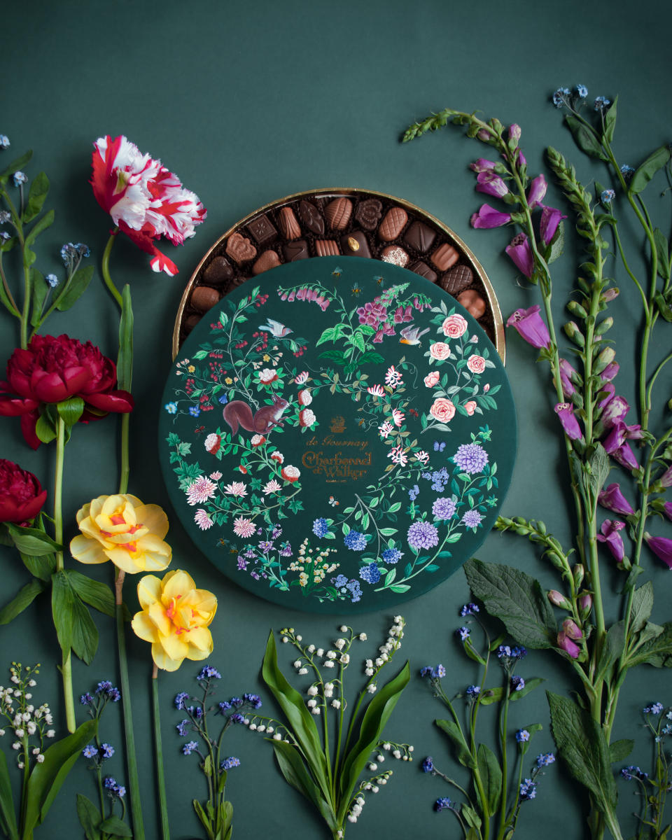Charbonnel & Walker and de Gournay release a limited run of chocolate boxes in celebration of the forthcoming coronation of King Charles III. The bespoke design depicts British flora and fauna and has been individually hand painted onto a select edition of 75 boxes.