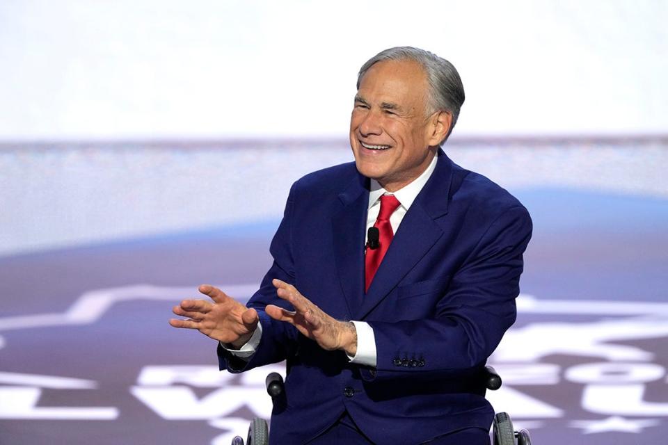 Texas Gov. Greg Abbott speaks during the third day of the Republican National Convention at Fiserv Forum. The third day of the RNC focused on foreign policy and threats.