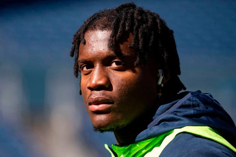 Seattle Seahawks running back Kenneth Walker III (9) stretches prior to the start of an NFL game against the Atlanta Falcons on Sunday, Sept. 25, 2022, at Lumen Field in Seattle.