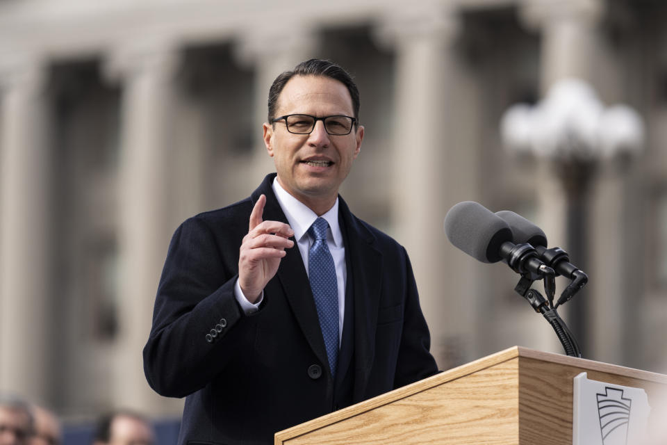 Democratic Gov. Josh Shapiro speaks after taking the oath of office to become Pennsylvania's 48th governor, Tuesday, Jan. 17, 2023, at the state Capitol in Harrisburg, Pa. (AP Photo/Matt Rourke)