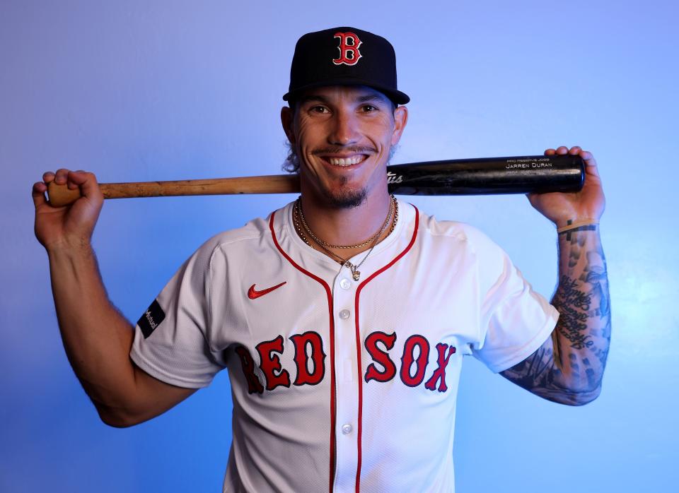 FORT MYERS, FLORIDA - FEBRUARY 20: Jarren Duran #16 of the Boston Red Sox poses for a portrait at JetBlue Park at Fenway South on February 20, 2024 in Fort Myers, Florida. (Photo by Elsa/Getty Images)