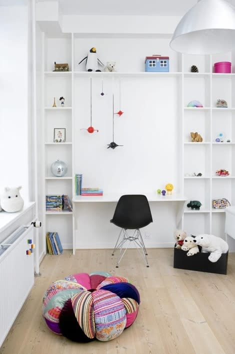 Whimsical White Workspace with Shelves