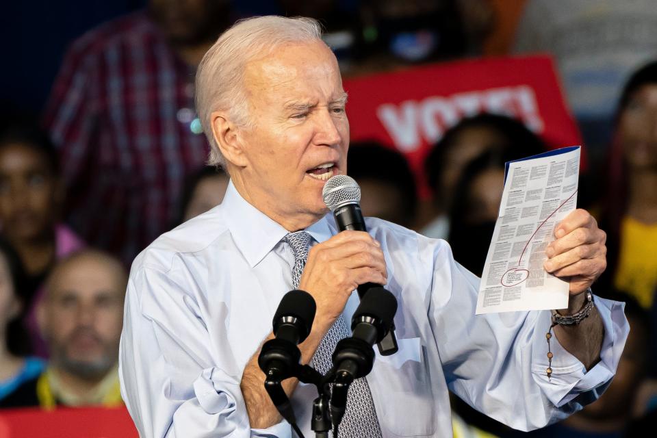 U.S. President Joe Biden speaks at a campaign rally for Democratic gubernatorial candidate Wes Moore at Bowie State University on November 7, 2022 in Bowie, Maryland.