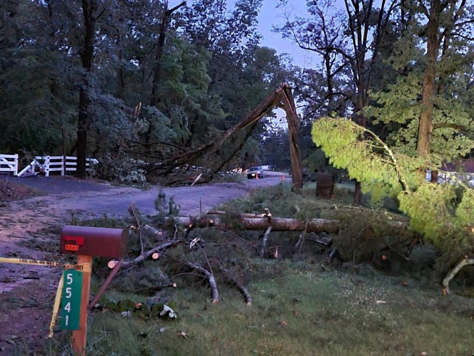 The St. Clair County Emergency Management Agency shared this photo of storm damage on Friday night. The road was blocked in the 5400 block Saxtown Road in Millstadt and a St. Clair County highway crew was responding.