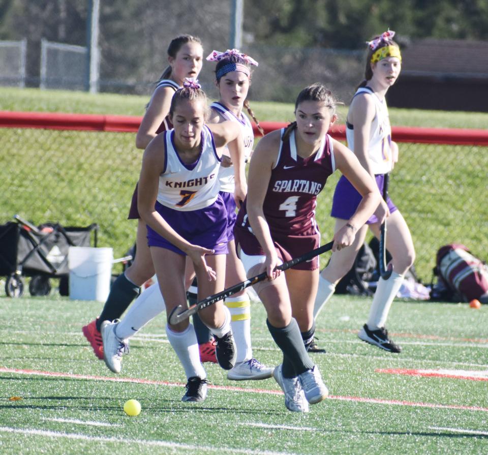 Holland Patent's Alivia Alexander (7) battles for a ball against Burnt Hills-Ballston Lake in last fall's Class C regional game at Vernon-Verona-Sherrill High School. Alexander scored the lone Holland Patent goal Saturday in the 2022 regional playoff at Sidney High School.