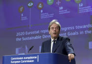 European Commissioner for the Economy Paolo Gentiloni speaks during a media conference on the 2020 Eurostat report, progress toward sustainable development goals in the EU, at EU headquarters in Brussels, Monday, June 22, 2020. (Yves Herman, Pool Photo via AP)