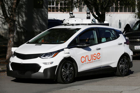 FILE PHOTO: A self-driving GM Bolt EV is seen during a media event where Cruise, GM's autonomous car unit, showed off its self-driving cars in San Francisco, California, U.S. on November 28, 2017. REUTERS/Elijah Nouvelage/File Photo