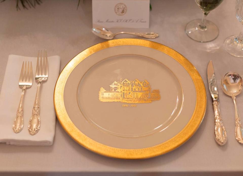 A place setting of Executive Mansion china for Japanese Prime Minister Fumio Kishida’s luncheon at the North Carolina Executive Mansion on Friday, April 12, 2024 in Raleigh, N.C.