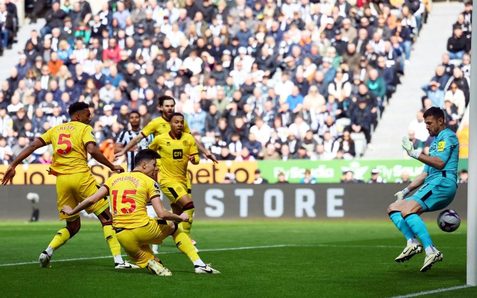 Sheffield United's Anel Ahmedhodzic scores their first goal past Newcastle United's Martin Dubravka