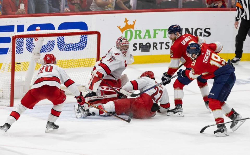 Florida Panthers left wing Matthew Tkachuk (19) scores a goal against Carolina Hurricanes goaltender Frederik Andersen (31) in the third period of Game 4 of the NHL Stanley Cup Eastern Conference finals series at the FLA Live Arena on Wednesday, May 24, 2023 in Sunrise, Fla.