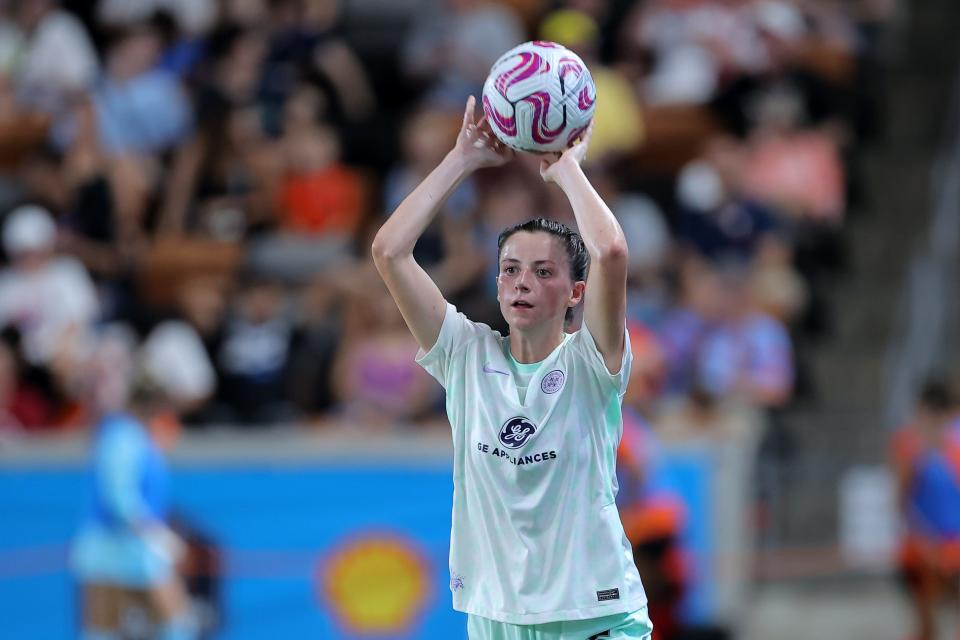 Jul 29, 2023; Houston, TX, USA; Racing Louisville FC defender Paige Monaghan (5) throws the ball in against the Houston Dash during the second half at Shell Energy Stadium. Mandatory Credit: Erik Williams-USA TODAY Sports