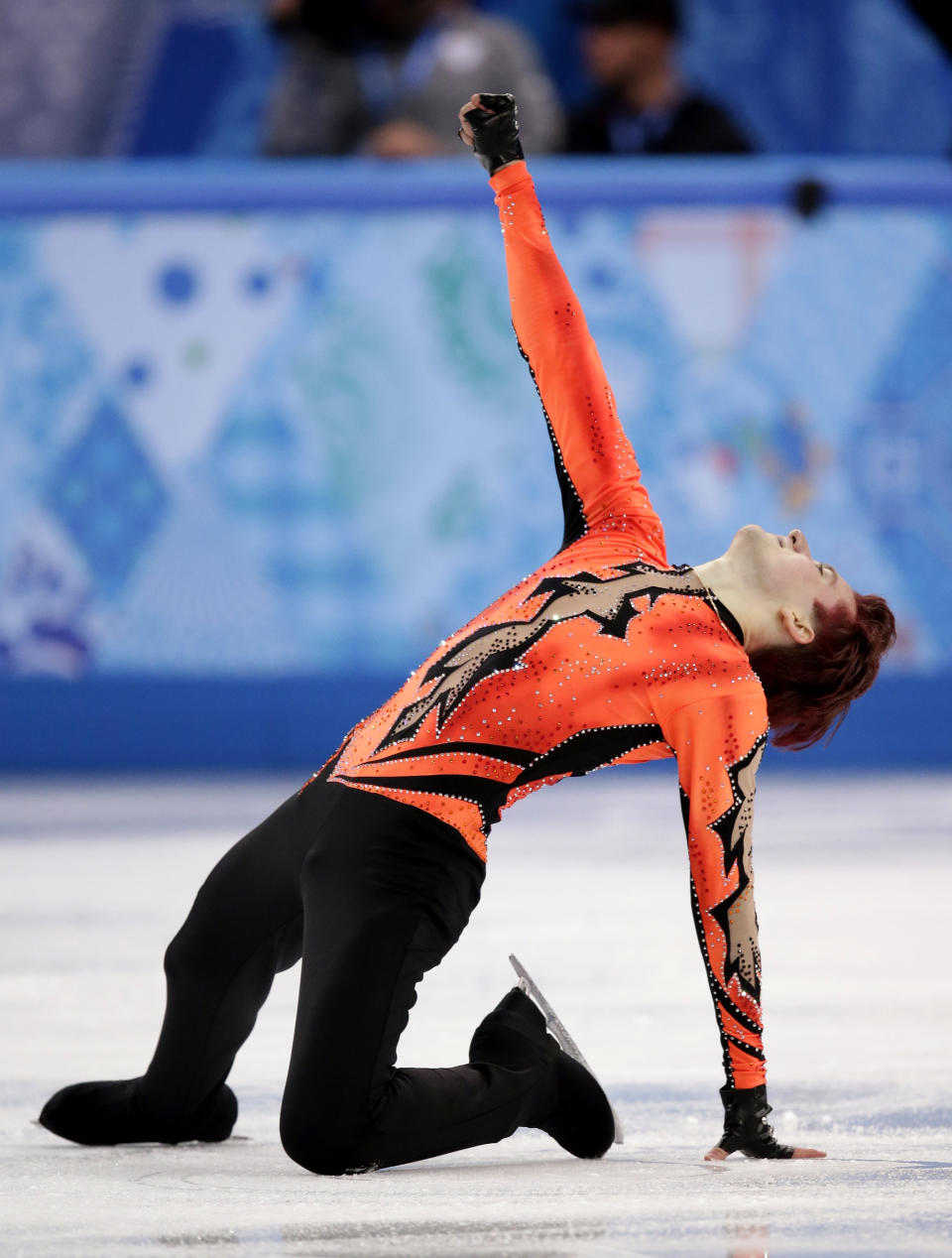Misha Ge of Uzbekistan competes in the men's short program figure skating competition at the Iceberg Skating Palace during the 2014 Winter Olympics, Thursday, Feb. 13, 2014, in Sochi, Russia. (AP Photo/Bernat Armangue)