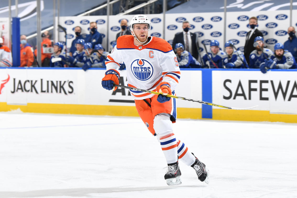 EDMONTON, AB - JANUARY 30:  Connor McDavid #97 of the Edmonton Oilers skates during the game against the Toronto Maple Leafs on January 30, 2021 at Rogers Place in Edmonton, Alberta, Canada. (Photo by Andy Devlin/NHLI via Getty Images)