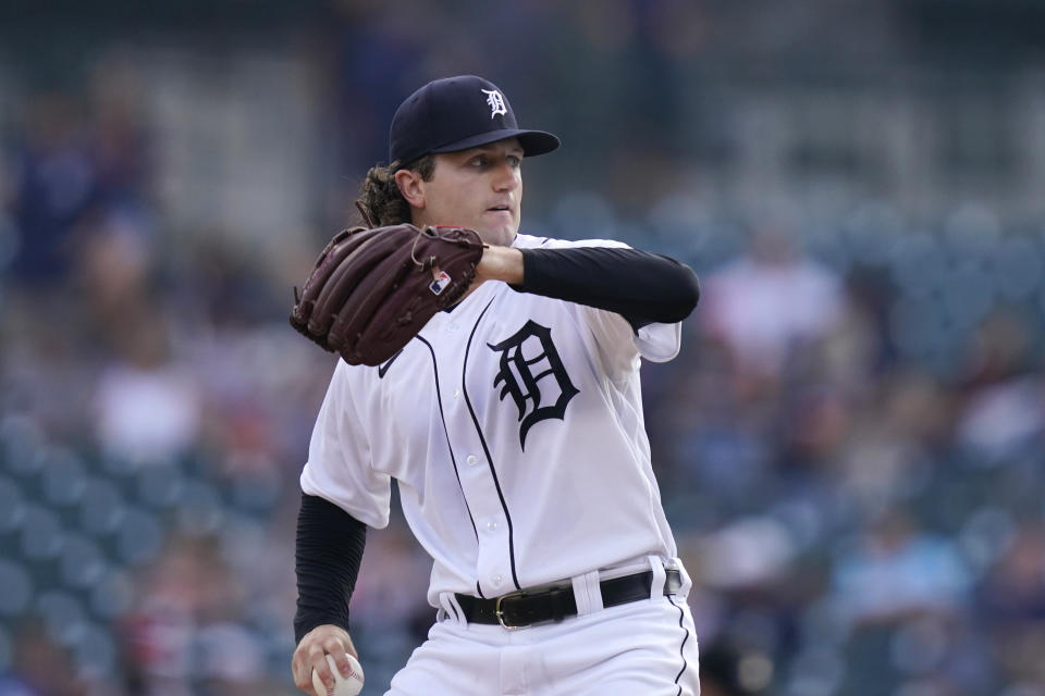 Detroit Tigers starting pitcher Casey Mize throws during the first inning of a baseball game against the Baltimore Orioles, Thursday, July 29, 2021, in Detroit. (AP Photo/Carlos Osorio)