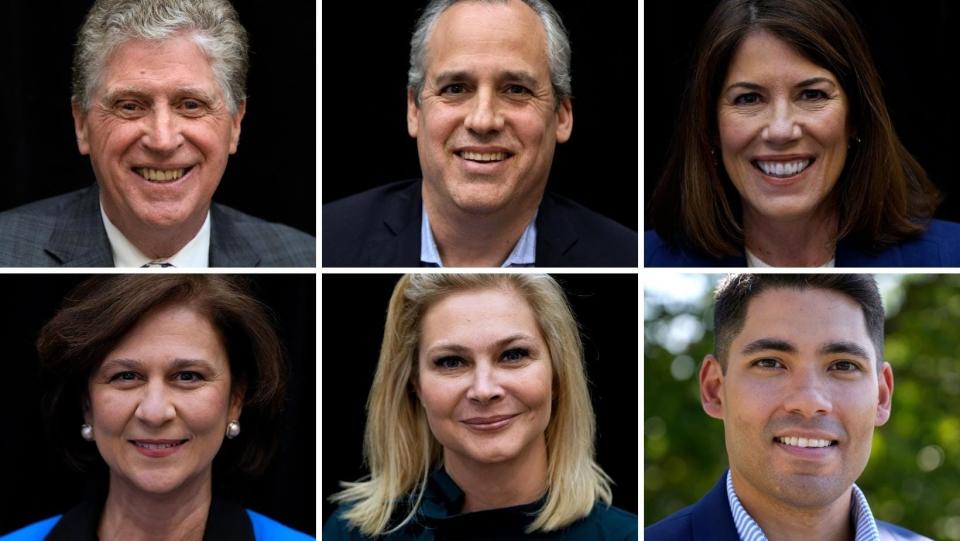 Rhode Island Gov. Dan McKee, top left, and Republican and Democratic challengers Matt Brown, Helena Foulkes, Nellie Gorbea, bottom left, Ashley Kalus and Luis Muñoz.