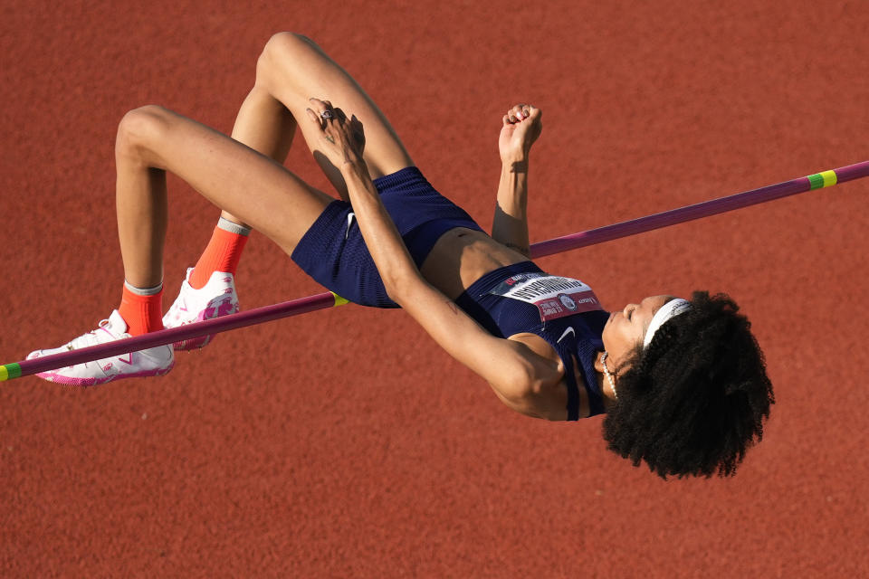 Vashti Cunningham competes during the finals of the women's high jump at the U.S. Olympic Track and Field Trials Sunday, June 20, 2021, in Eugene, Ore. (AP Photo/Charlie Riedel)