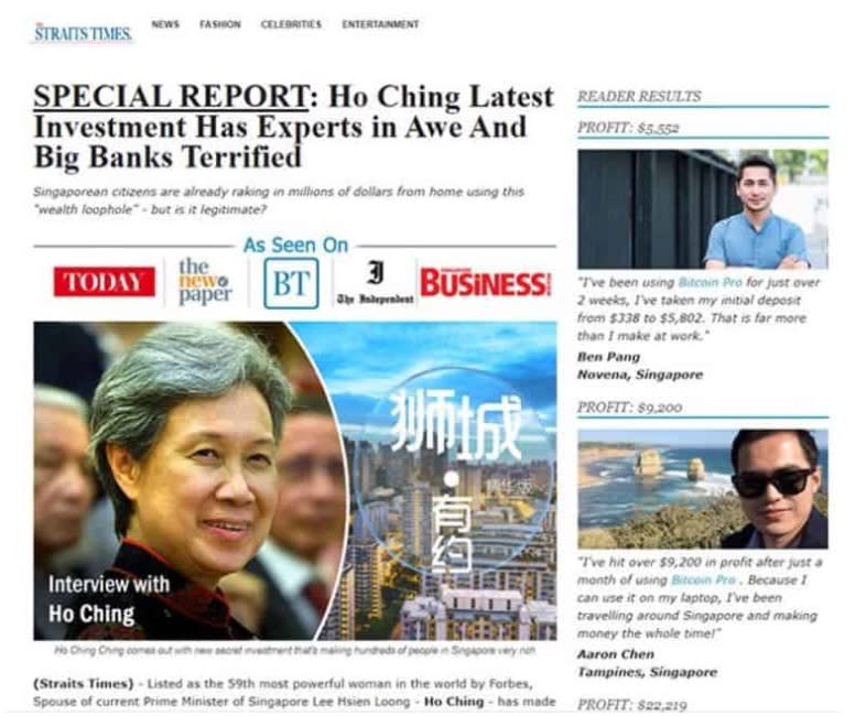 The fake investment article featuring Temasek chief executive Ho Ching circulating on social media. (PHOTO: Screenshot from Facebook)