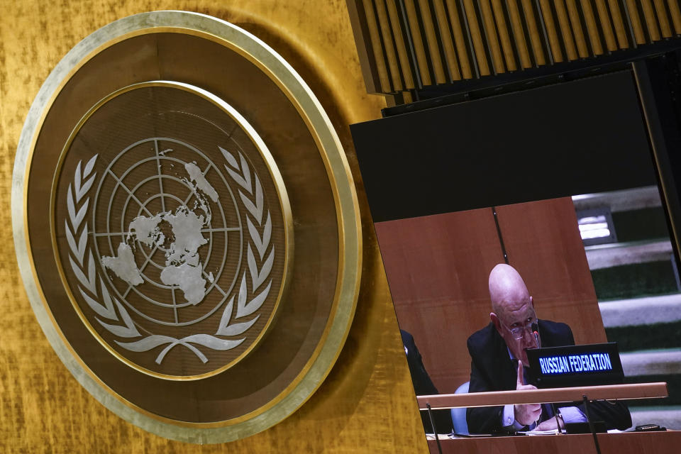 Russian Ambassador to the United Nations Vasily Nebenzya speaks during an emergency meeting of the General Assembly at United Nations headquarters, Thursday, March 24, 2022. (AP Photo/Seth Wenig)
