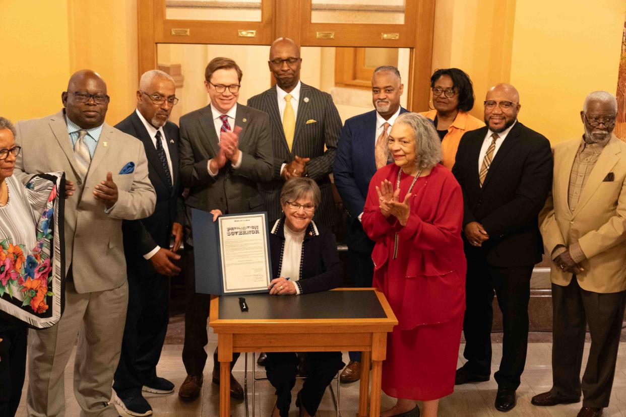 Gov. Laura Kelly signs a proclamation marking Juneteenth as an official state holiday Monday at the Statehouse.