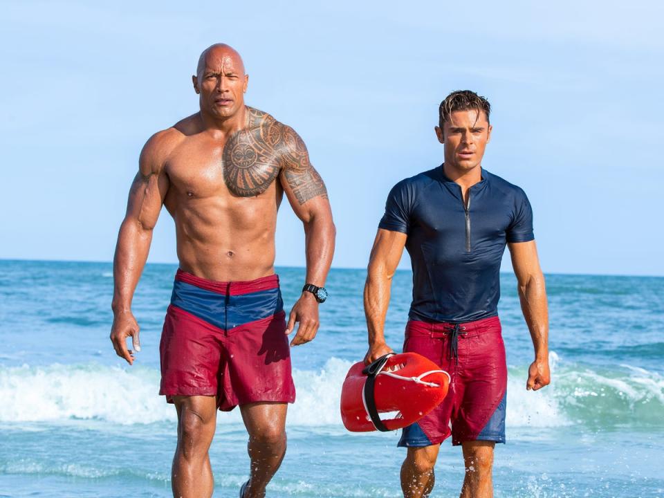 Zac Efron (right, with Dwayne Johnson) has spoken out about his ‘Baywatch’ workout regime leading to depression and insomnia (Paramount/Sky)