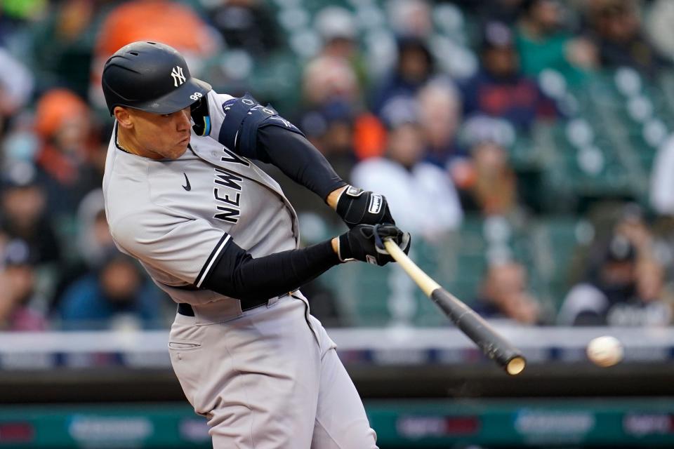 Yankees center fielder Aaron Judge hits a one-run double in the third inning of the Tigers' 5-3 loss on Wednesday, April 20, 2022, at Comerica Park.