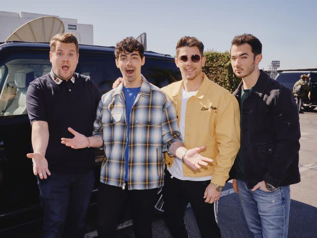 Terence Patrick/CBS James Corden, Joe Jonas, Nick Jonas and Kevin Jonas