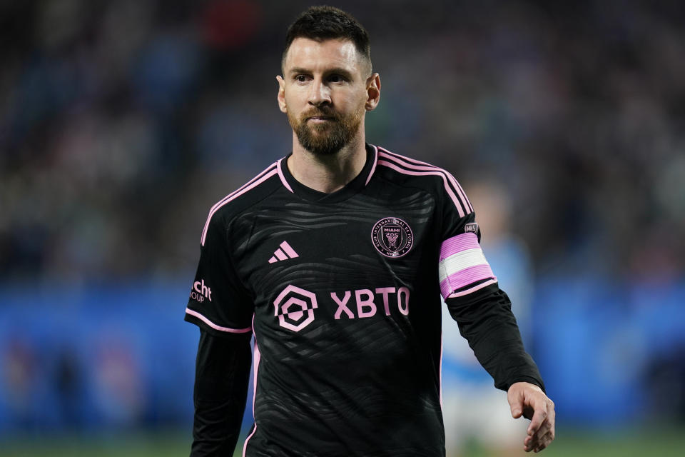 Inter Miami forward Lionel Messi plays during the second half of an MLS soccer match against Charlotte FC, Saturday, Oct. 21, 2023, in Charlotte, N.C. (AP Photo/Erik Verduzco)