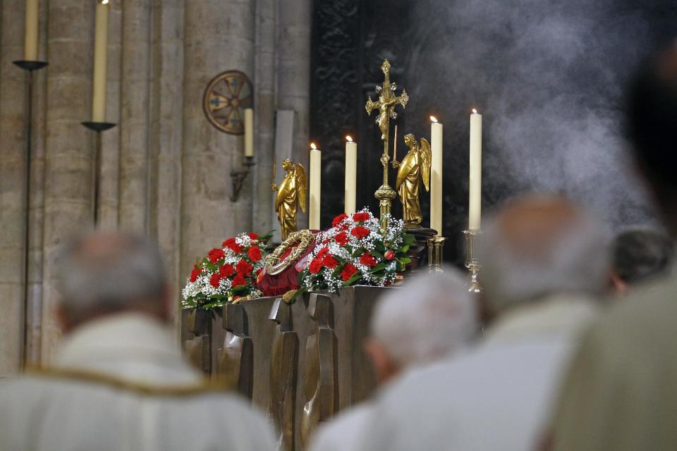 A crown of thorns which was believed to have been worn by Jesus Christ and which was bought by King Louis IX in 1239 is presented at Notre Dame Cathedral in Paris, Friday March 21, 2014. To mark the 800th anniversary of Louis IX's christening, the crown of thorns will be displayed outside Notre Dame, at the Collegiate Church of Poissy, where King Louis IX was christened. (AP Photo/Remy de la Mauviniere)