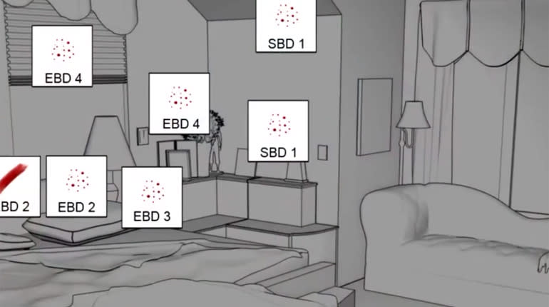 Diagram of blood spatter on the south wall of the master bedroom. / Credit: Onondaga County, N.Y. Prosecutor's Office