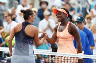 <p>Roberta Vinci of Italy and Sloane Stephens of the United States shake hands after their first round Women’s Singles match on Day One of the 2017 US Open at the USTA Billie Jean King National Tennis Center on August 28, 2017 in the Flushing neighborhood of the Queens borough of New York City. (Photo by Al Bello/Getty Images) </p>